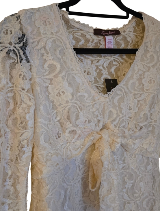 Zena Jeans Vintage Cream Floral Lace Bow Front Top Long Sleeve Small Y2K - Picture 3 of 12